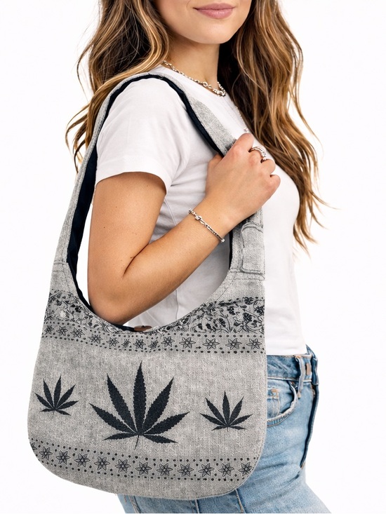 Rising International Handbags - Boho Hemp Rising International Gray Hobo Leaf Zip Crossbody Festival Bag Nepal